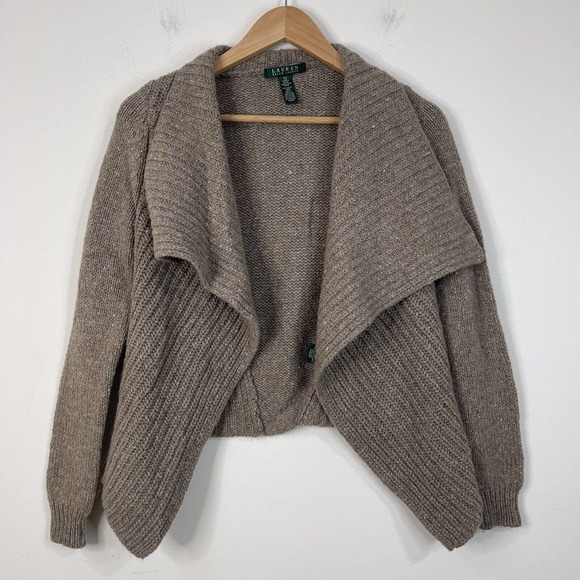 Lauren Ralph Lauren Wool Alpaca Blend Cardigan Size XS Brown Drape Front - Picture 8 of 10
